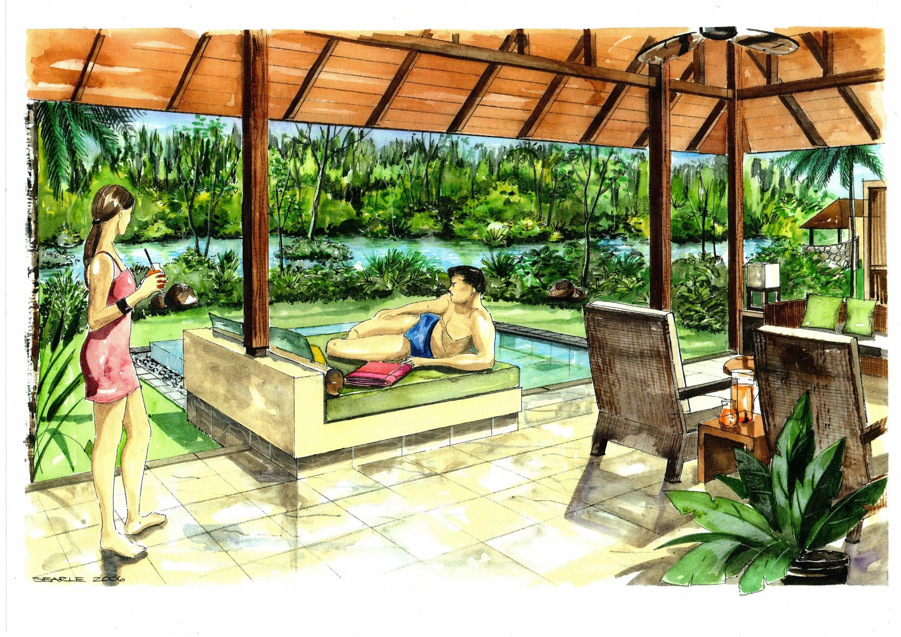 Villa terrace and plunge pool — hand-drawn by Debby Searle