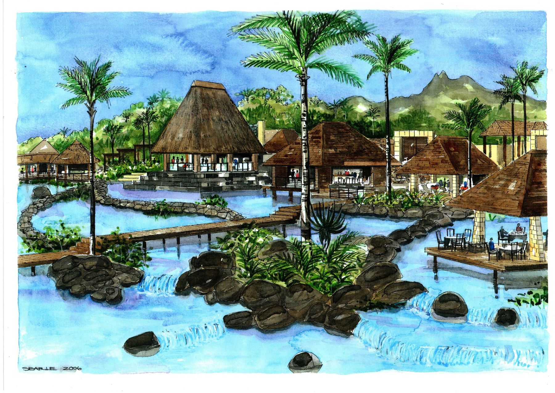 Hand-painted watercolour of resort pavilions and rock pools in Mauritius by Debby Searle