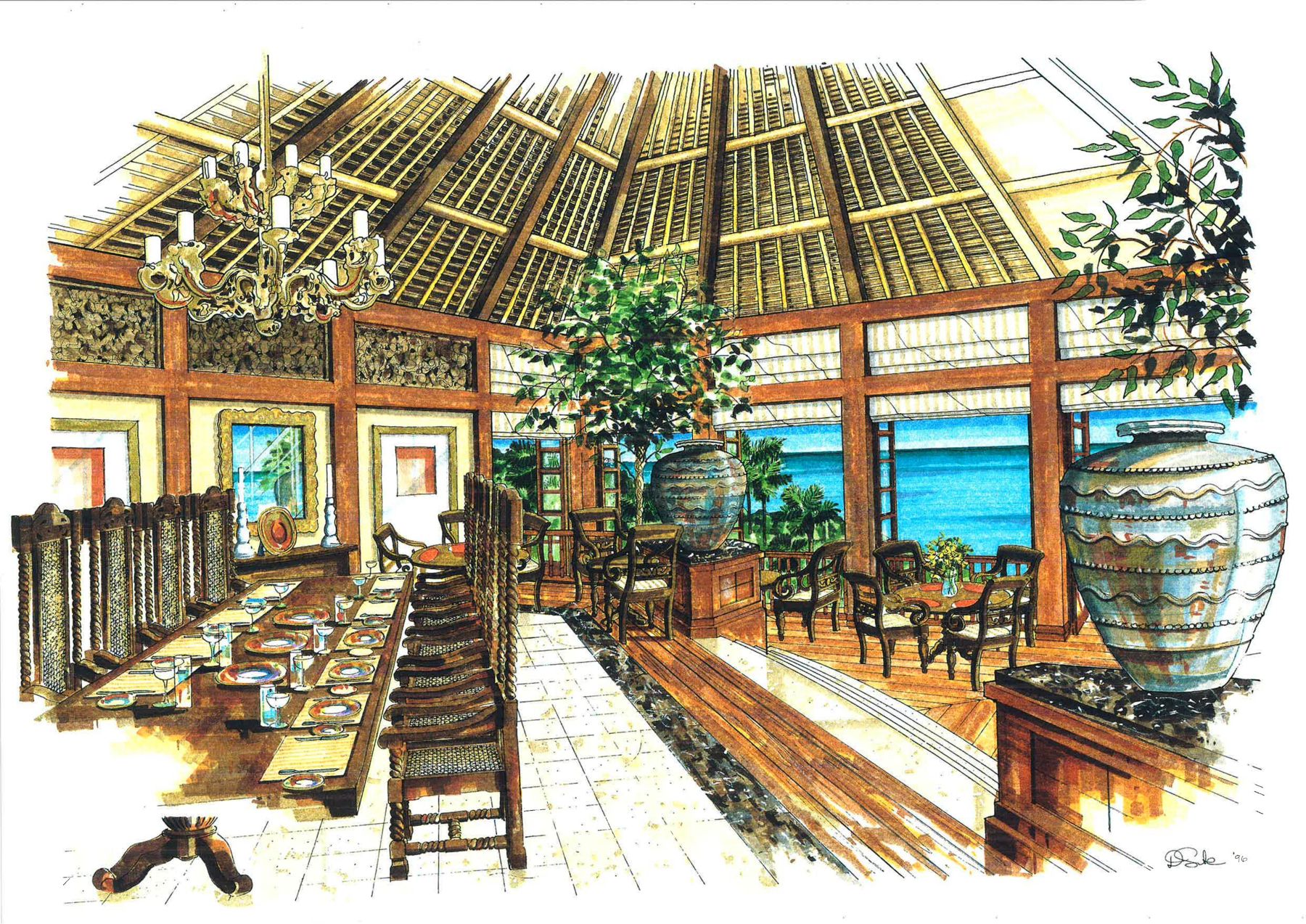 Hand-drawn interior perspective of a thatched island dining room in the Seychelles
