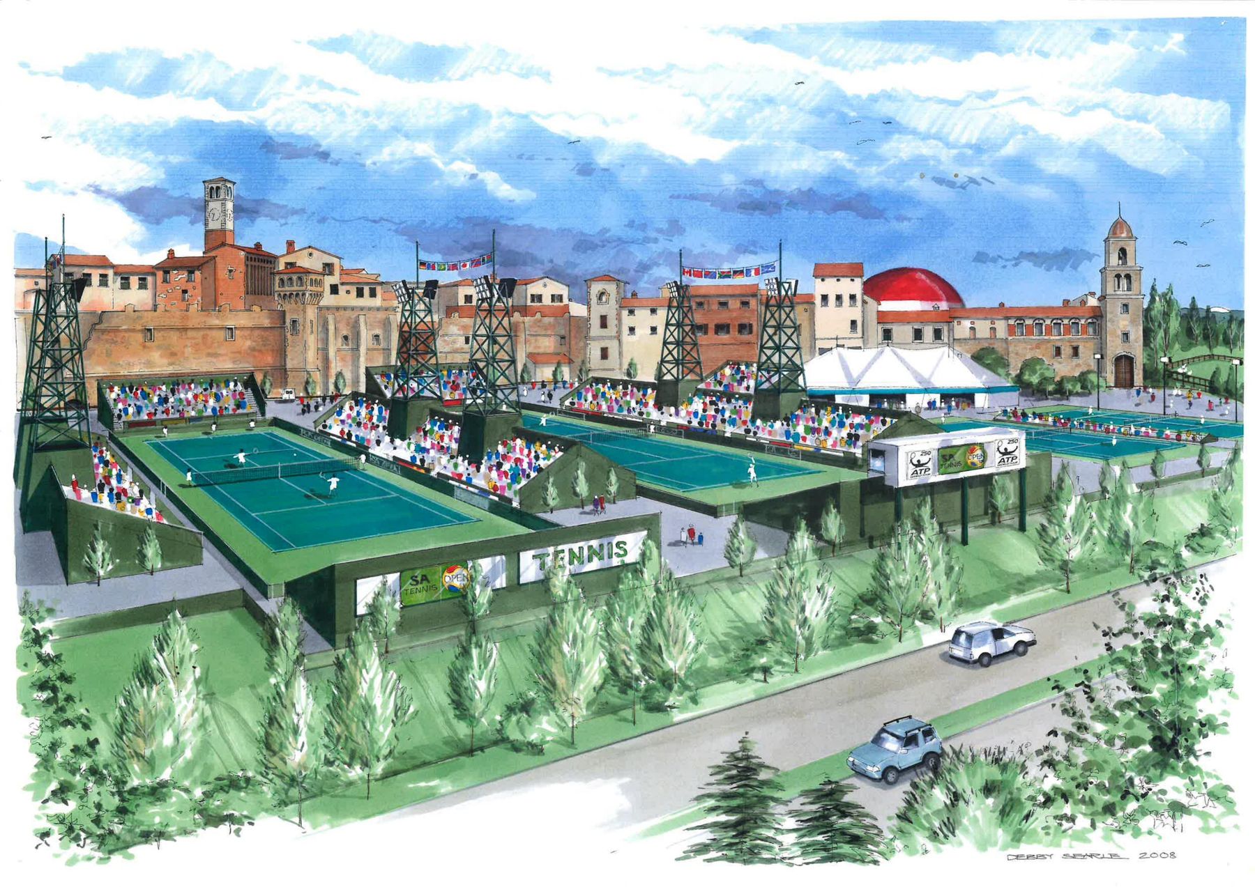 Hand-drawn aerial artist's impression of a tennis stadium and courts