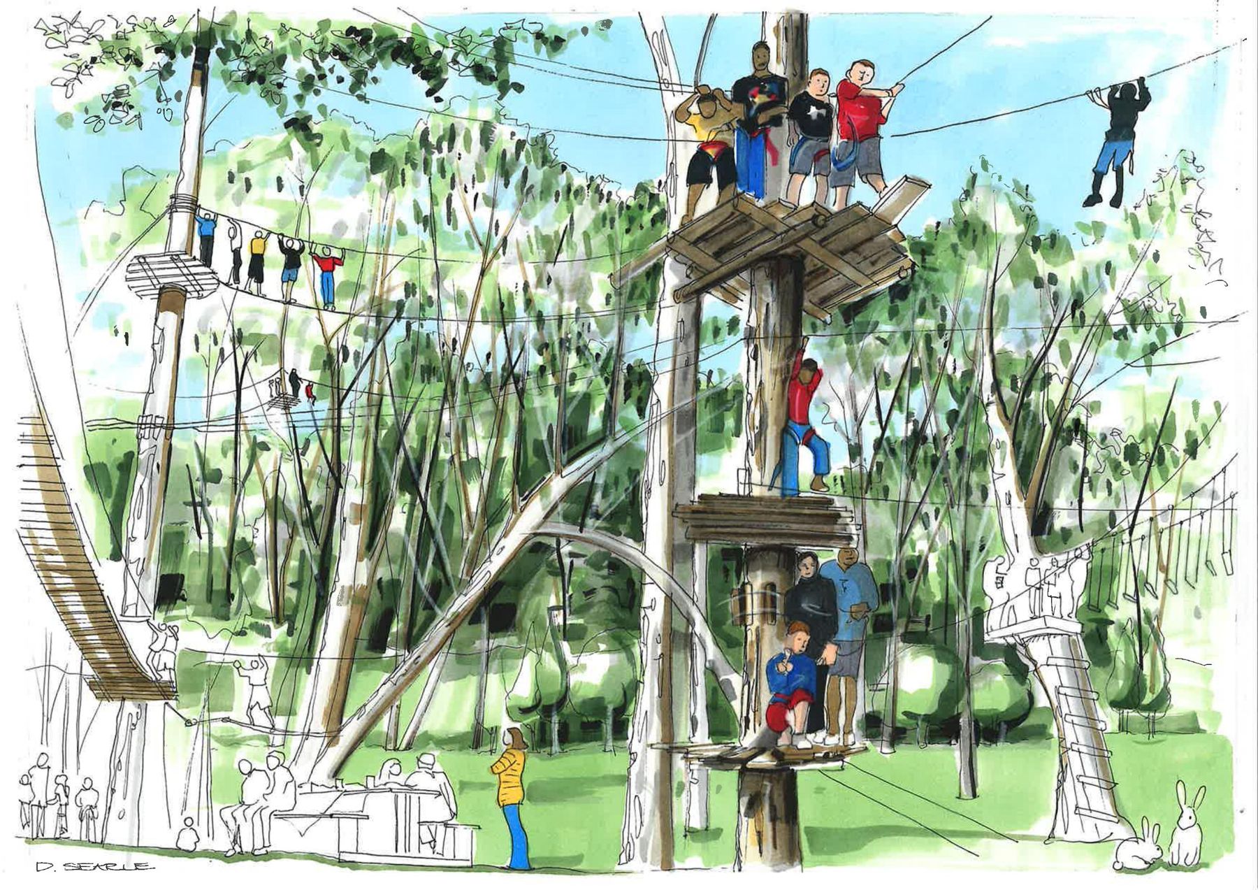 Hand-drawn artist's impression of a treetop adventure course at a zoo